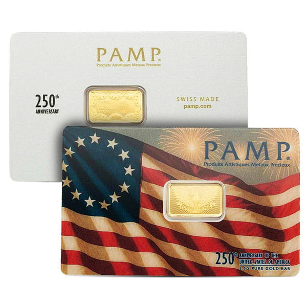 PAMP Suisse 250th Anniversary of the United States of America 2.5 g .9999 fine pure gold bar in a Swiss-made assay card, shown front and reverse