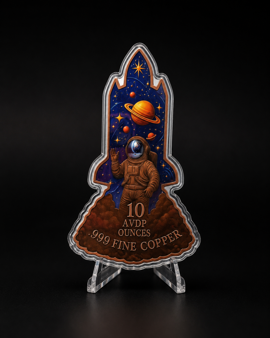 Spaceship shaped 10 oz AVDP .999 fine pure copper minted collectible with astronaut artwork