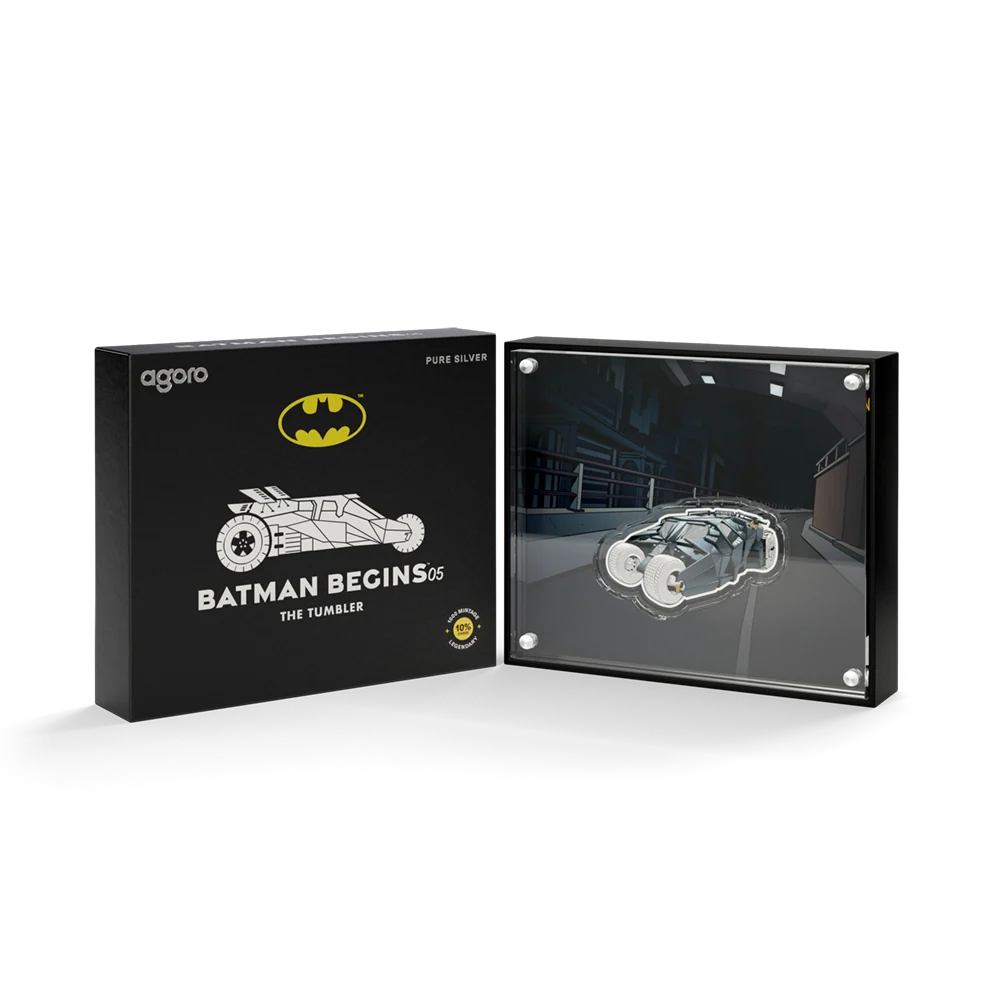Agoro Batman Begins The Tumbler packaging and silver collectible