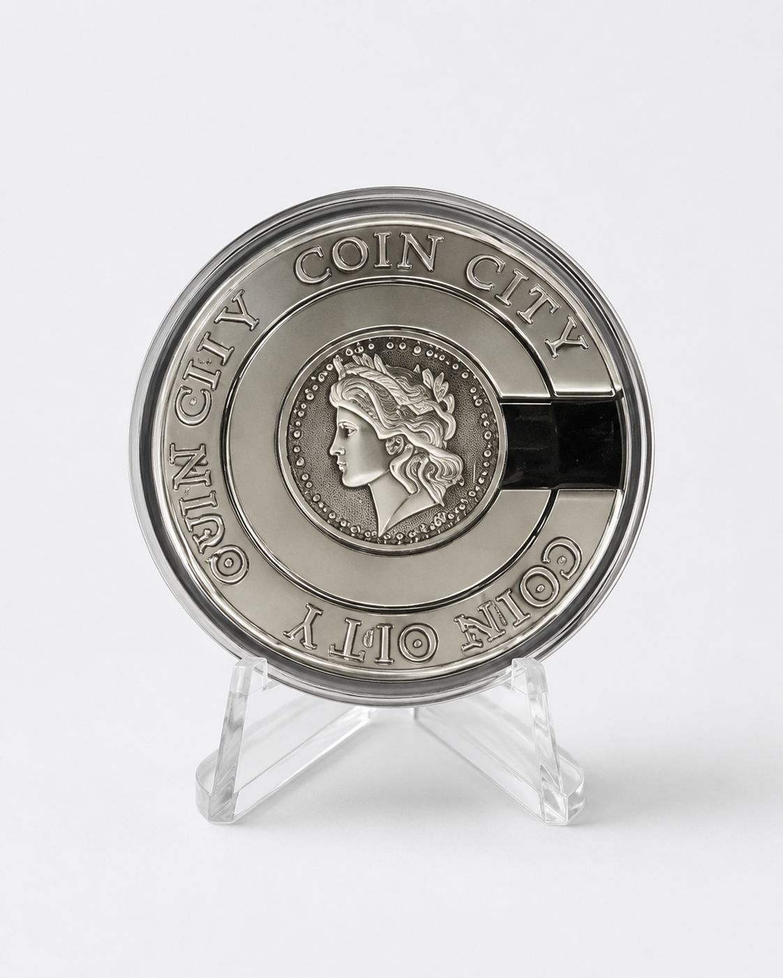 Silver Coin City commemorative coin on a clear display stand