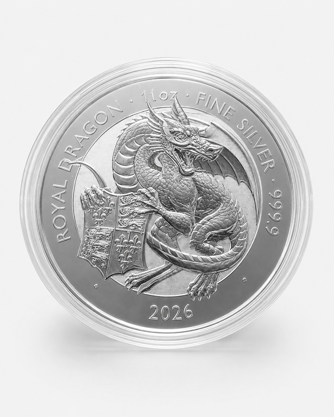 2026 King Charles III Royal Dragon 1 oz troy .9999 fine pure silver coin, dragon reverse