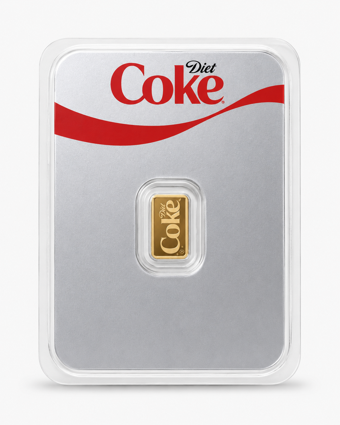 Diet Coke 1g .9999 fine pure gold bar in assay packaging, front
