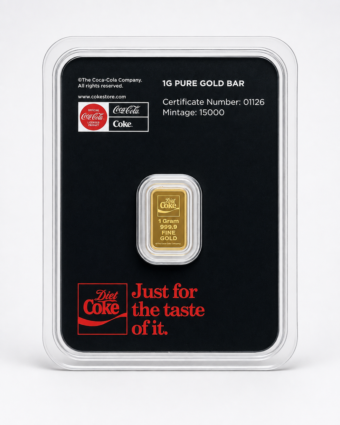 Diet Coke 1g .9999 fine pure gold bar in assay packaging, reverse