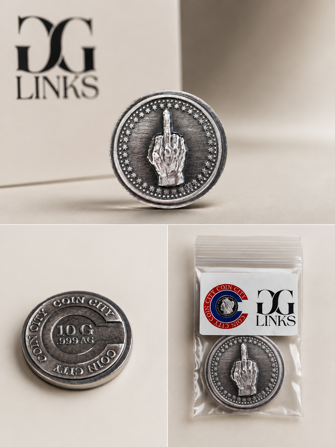 FYF 10 g .999 AG silver hand-pour coin, front and reverse with Coin City packaging
