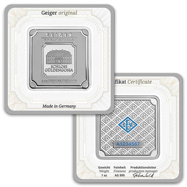 Front of a Geiger silver bar
