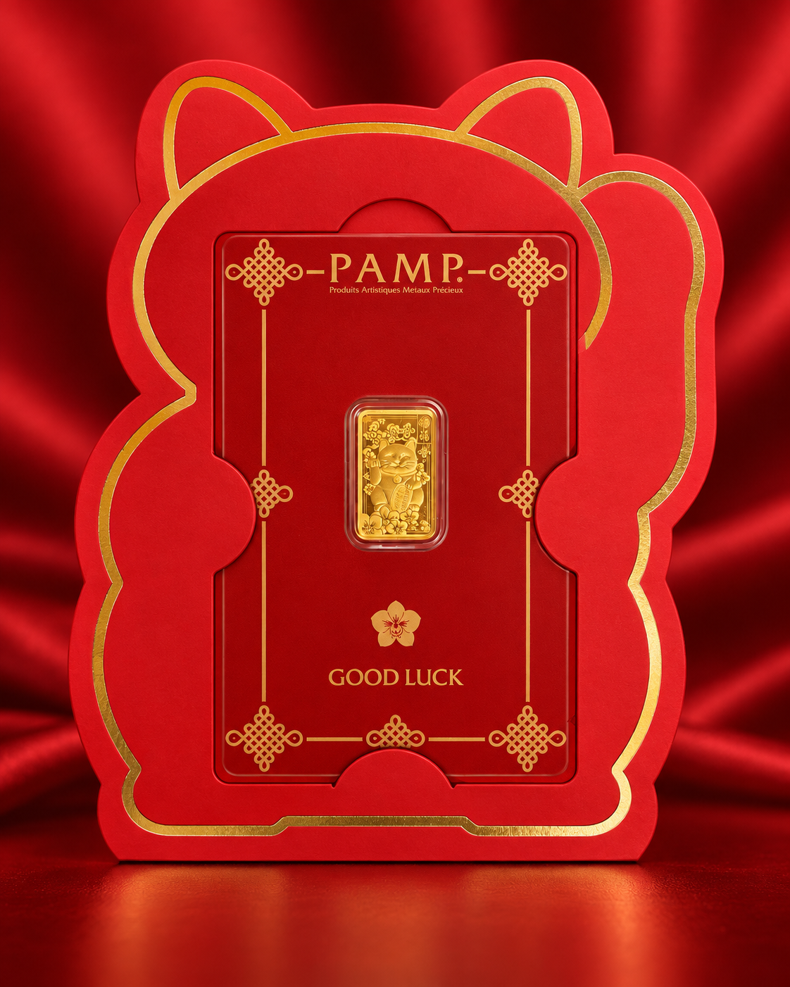 PAMP Suisse Good Luck gold bar in red Maneki-neko lucky cat presentation packaging