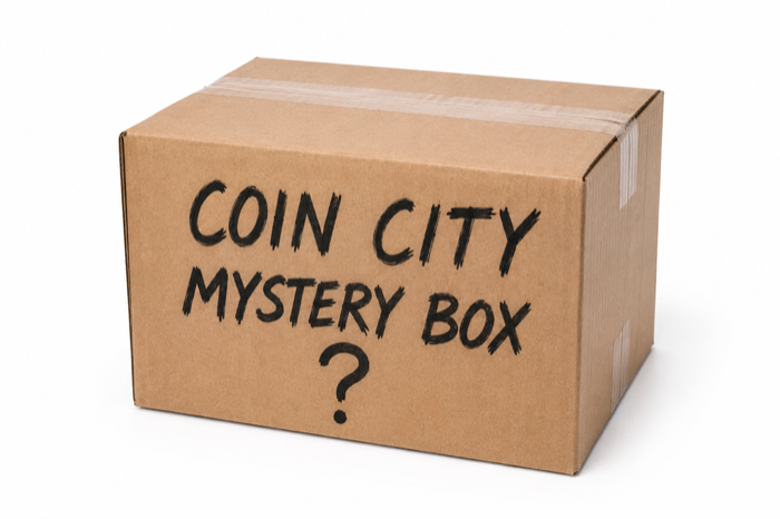 Cardboard box representing the upcoming Coin City mystery box