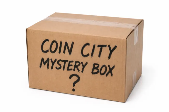 Cardboard box representing the upcoming Coin City mystery box