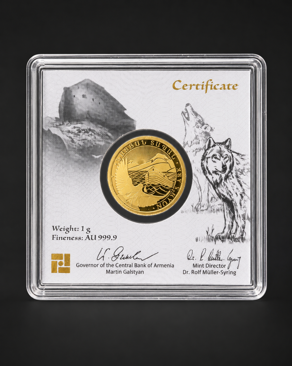 2026 Noah's Ark Armenian 1g AU999.9 .9999 fine pure gold bullion coin, reverse with certificate