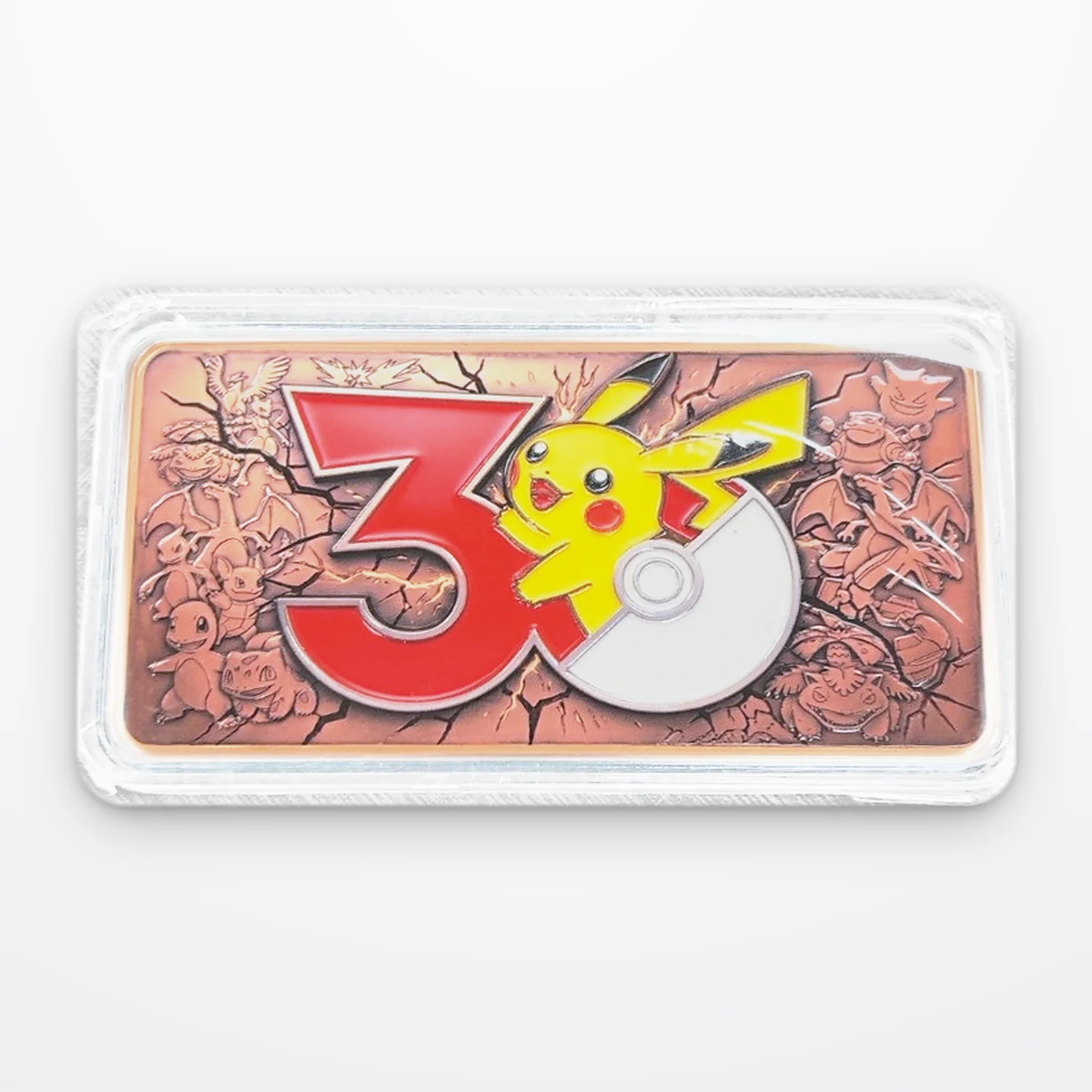 Pokémon 30th Anniversary 10 oz AVDP .999 fine pure copper bar with color-enameled Pikachu and Poké Ball, sealed in a clear acrylic capsule