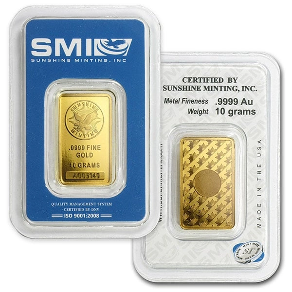 Sunshine Minting 10 g .9999 fine pure gold bar in blue assay packaging, front and reverse