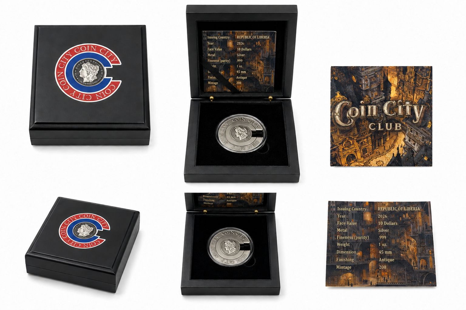 Traditional Coin City Club Lady of Liberty portrait 1 oz troy AG999 .999 fine pure silver antique minted coin set with presentation box