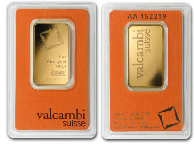 Valcambi Suisse gold bar in sealed assay packaging