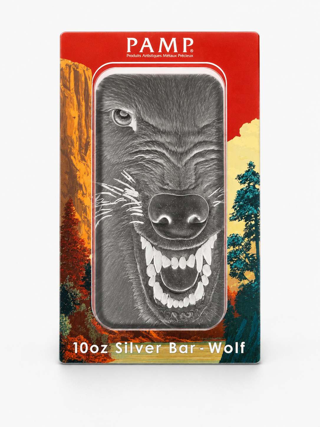 PAMP 10 oz Silver Bar - Wolf in assay packaging